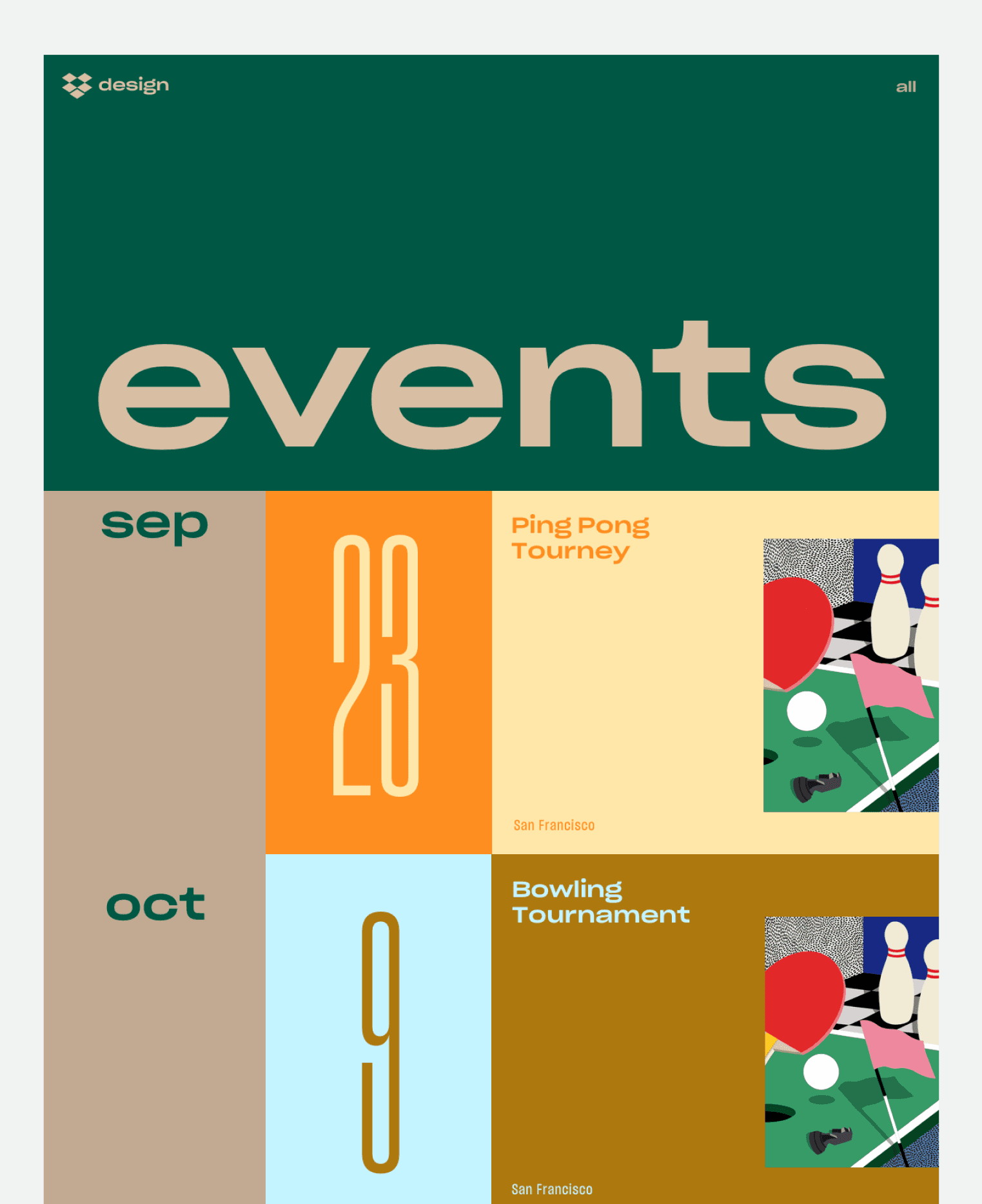 Mockup of the Dropbox Design events page, with poster artwork for a Ping Pong Tourney and Bowling Tournament.