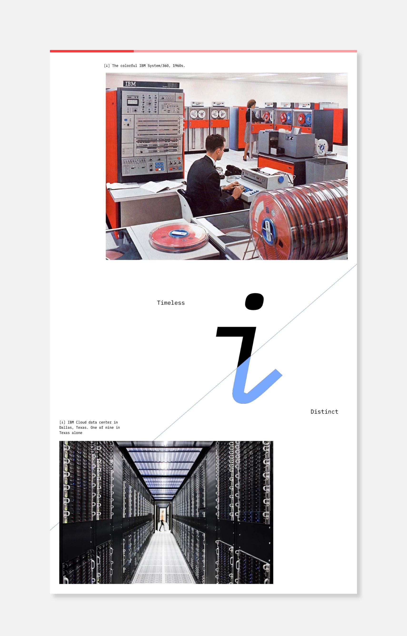 A historical photo of IBM’s colorful System/360 mainframe above a large italic IBM Plex ‘i’, with a modern data centre photo below.