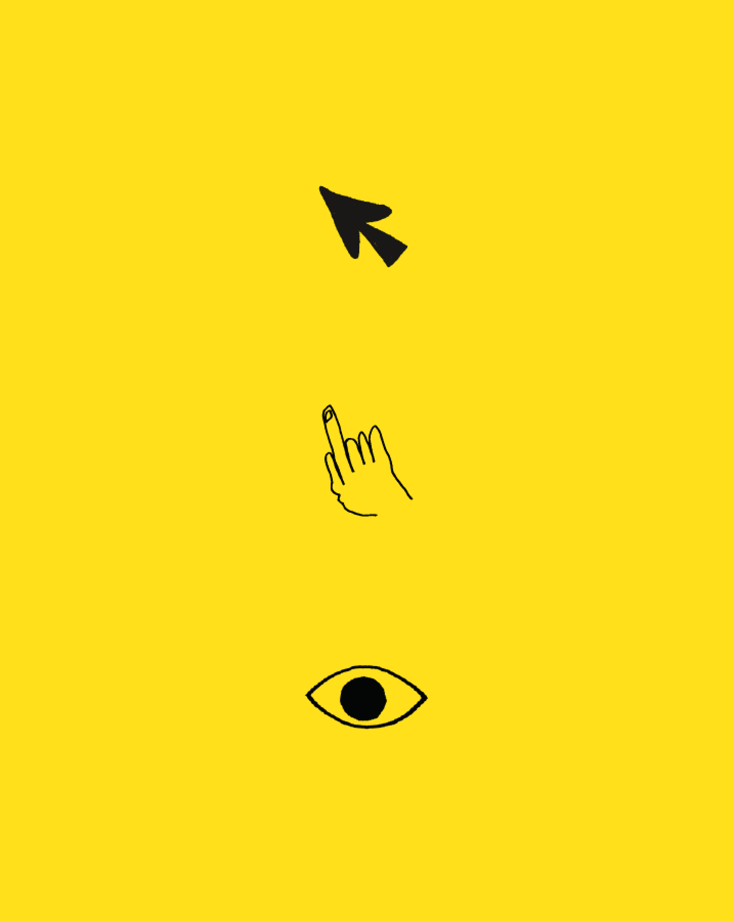 Three custom cursors illustrated by Mailchimp Brand Studio: an arrow, a pointing hand, and an eye, on a yellow background.