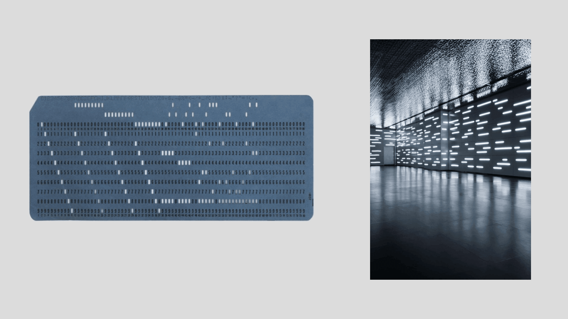 An IBM punch card next to a photo of an event wall using the same dot pattern as a texture.