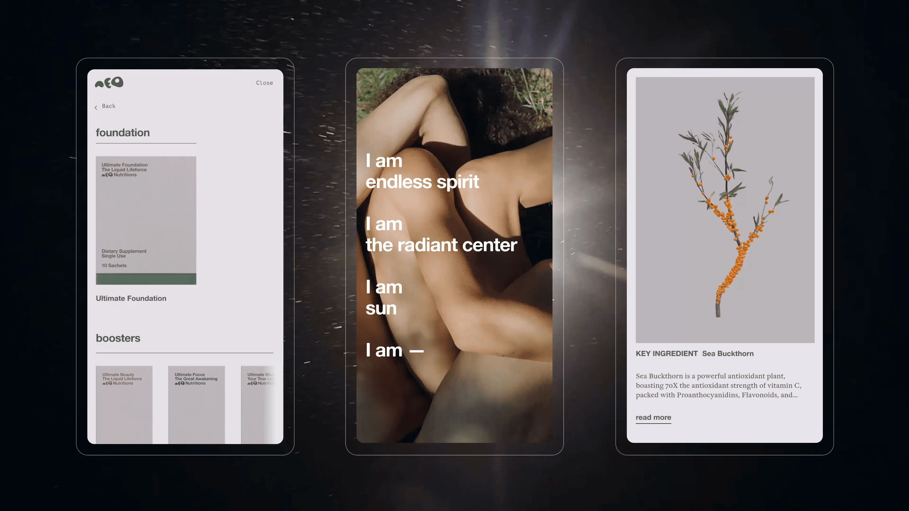 3 mockups of the mobile site: product navigation, mantra, and key ingredient.