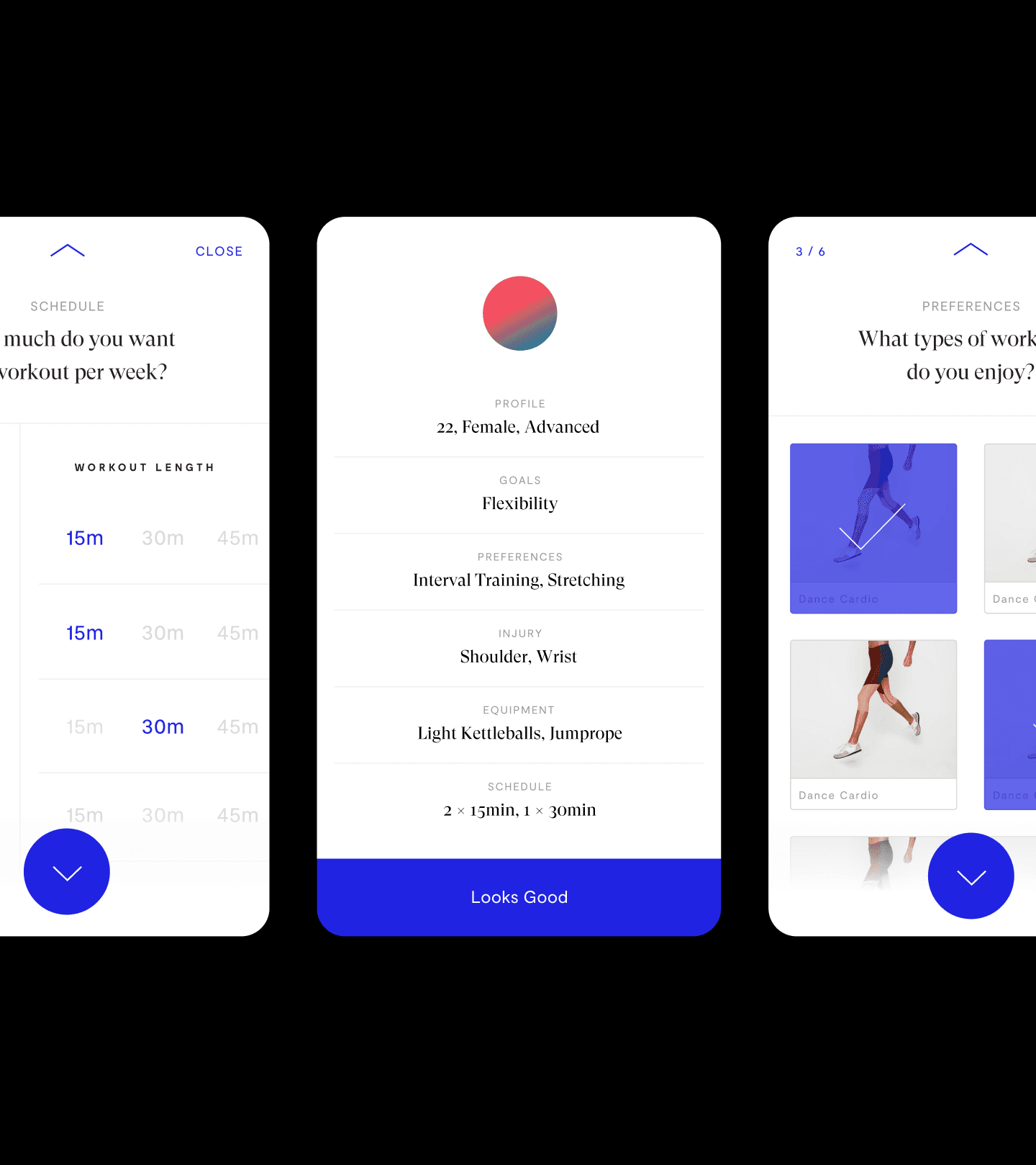 Mirror companion app onboarding flow on iPhone, asking workout length preference, gathering profile details, and surveying enjoyed workout types.