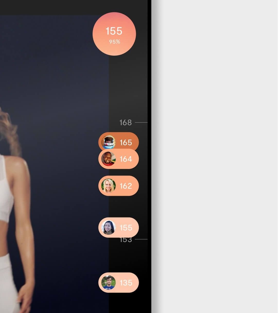 Mirror device showing a live community leaderboard with stacked rep counts and profile bubbles beside the workout in progress.