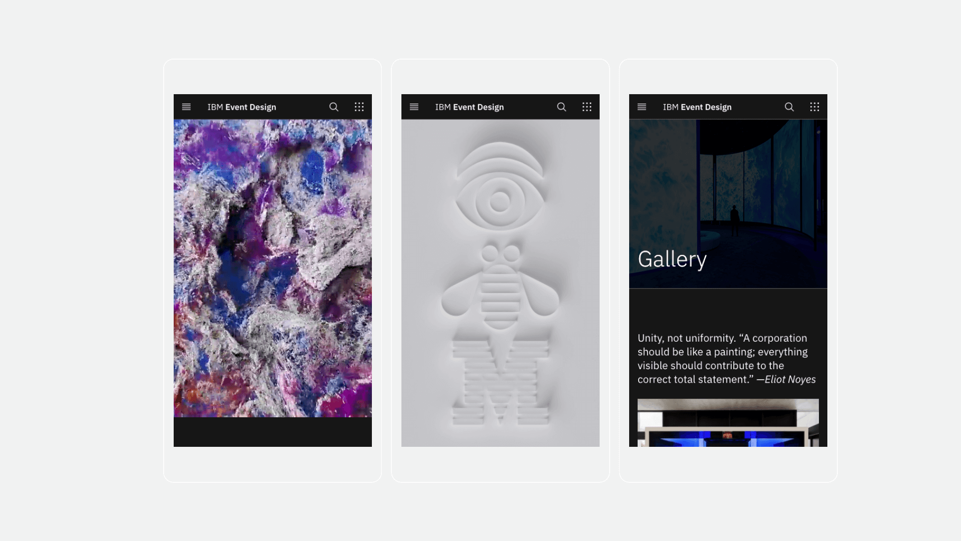 Three mobile screens from the IBM Event Design site showing a textured hero, an icon, and a Gallery section.