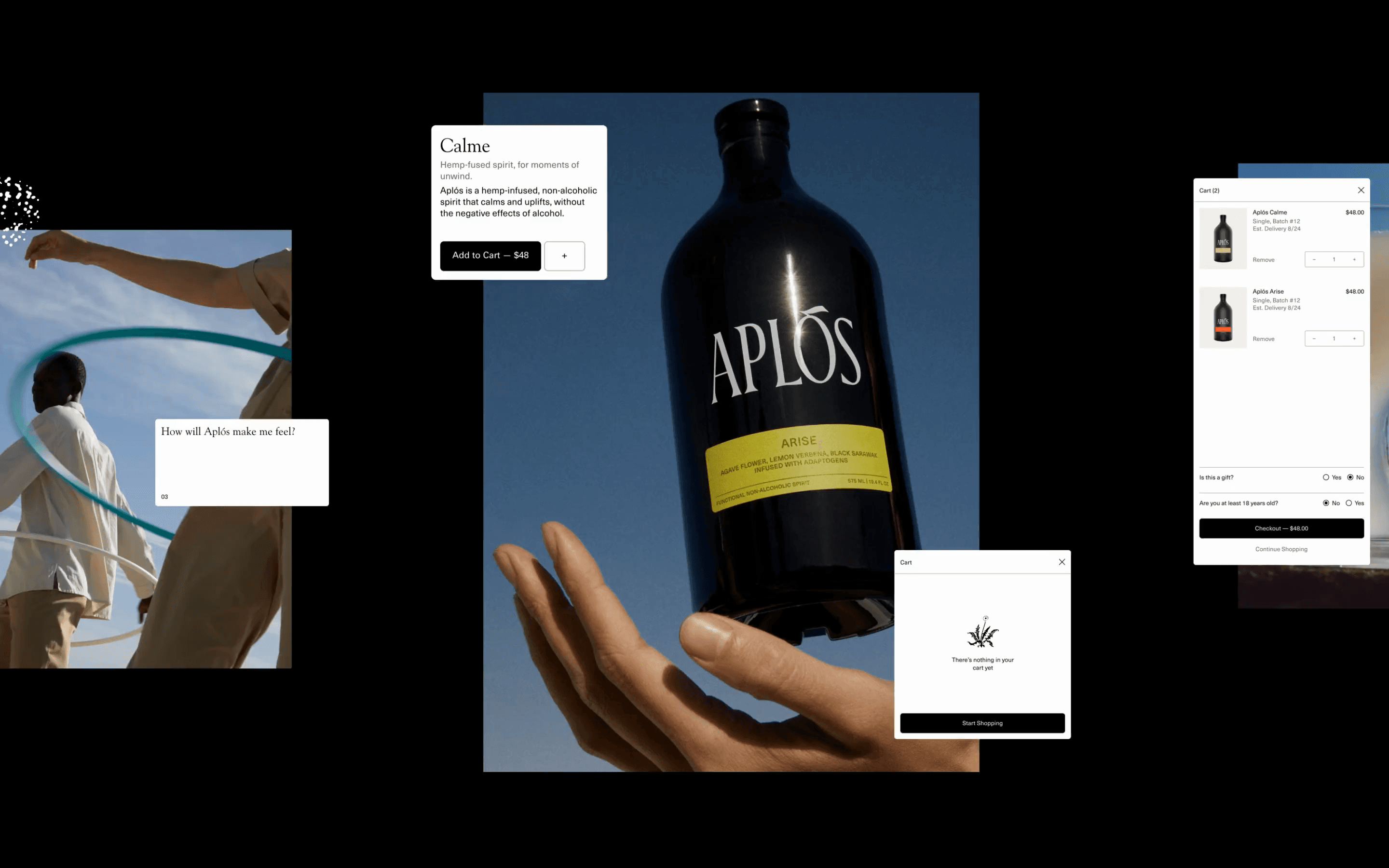 Parallax collage from the Aplós site: a hula-hooping figure with the prompt ‘How will Aplós make me feel?’, a hand holding up the Aplós bottle against a blue sky, a small Calme product callout, and overlapping product UI panels.