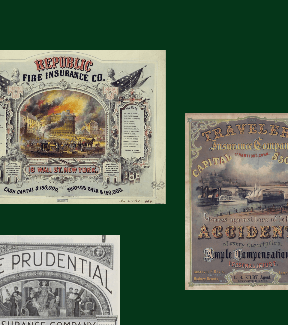 Three historical fire and life insurance posters, including a Republic Fire Insurance ad showing a building ablaze.